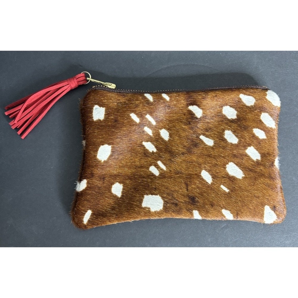 Parker & Hyde Mini Clutch Brown Spotted Handbag Zipper Closure Tassel 8" x 5"